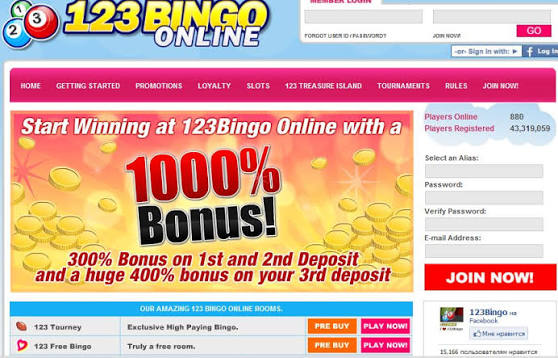 123 Bingo Online Casino homepage